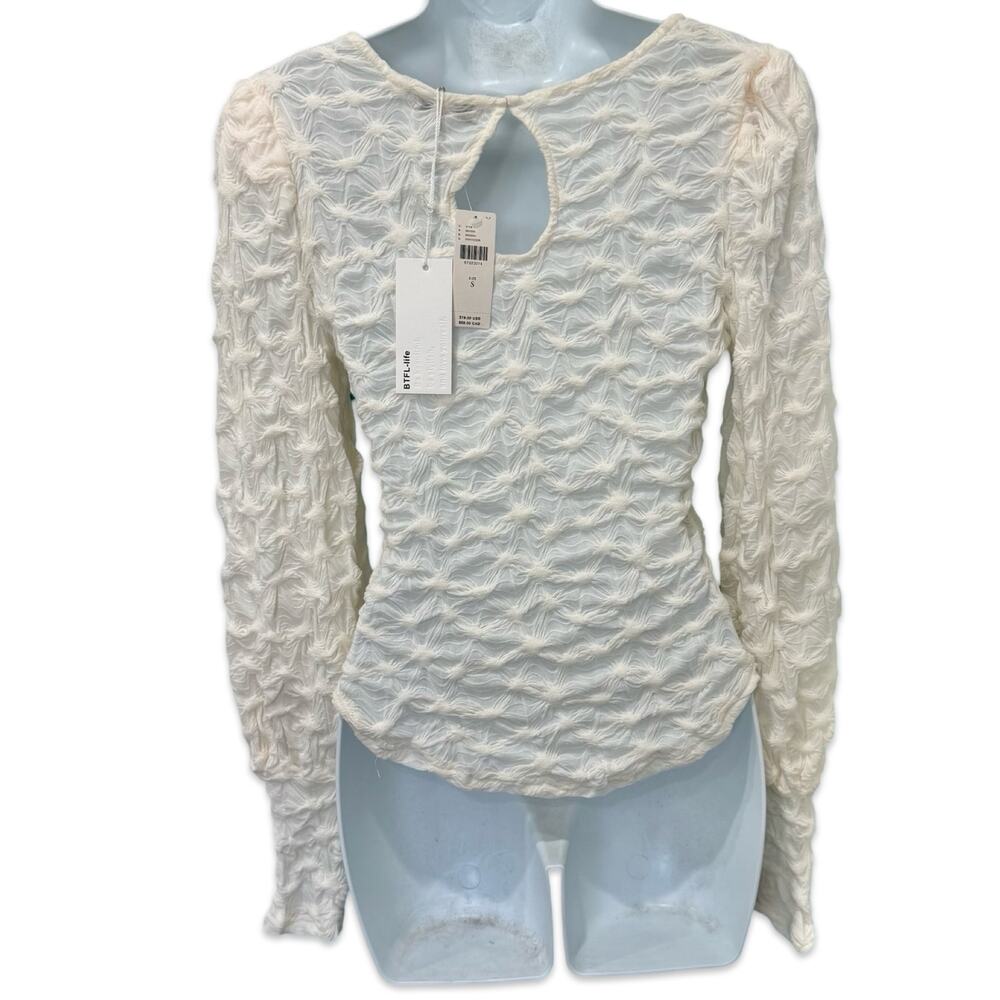 Anthropologie BTFL Life Ivory Textured Popcorn Bishop Sleeve Blouse Sz S NEW Tag - Picture 4 of 11